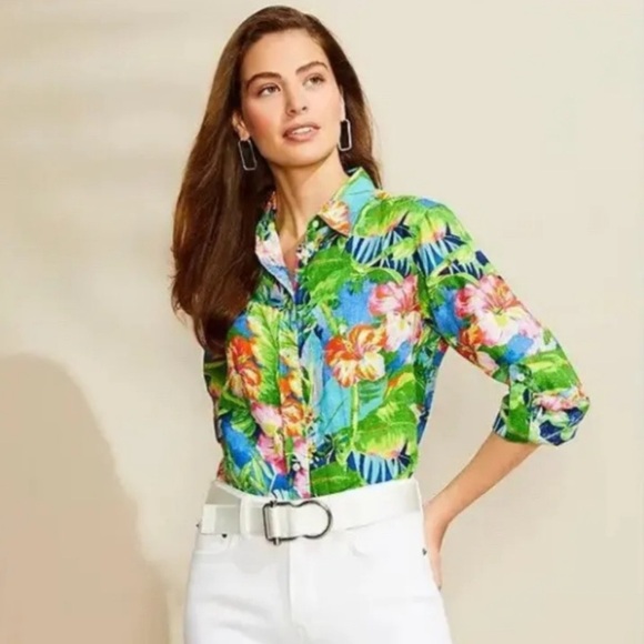 Ralph Lauren 100% Linen Floral Button Down Blouse Top - Picture 1 of 8